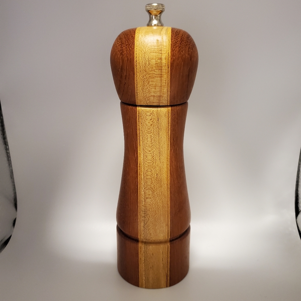 Hand Crafted Wood Inlay Pepper Grinder. New Vintage.